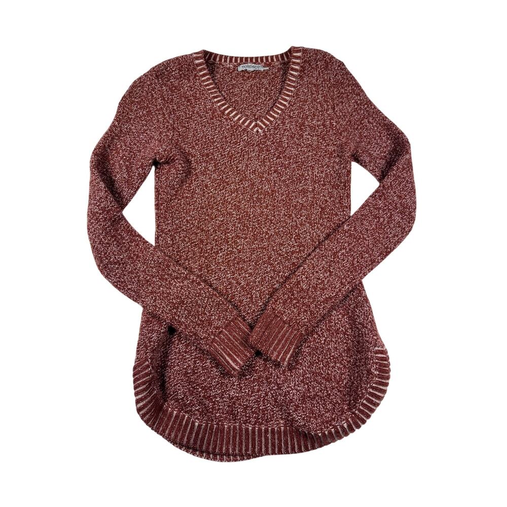 Toad & Co 100% Merino Wool Sweater Women Rust Cream V Neck Tunic Size XS/S